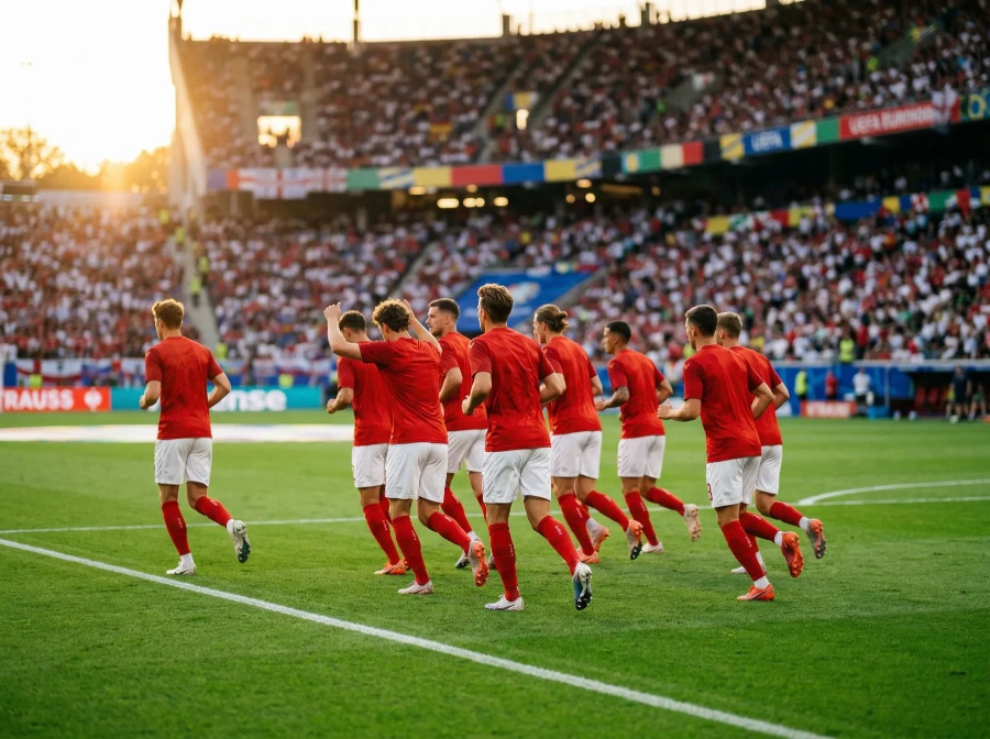 Canadian national soccer team players in red jerseys warming up on the pitch before a match