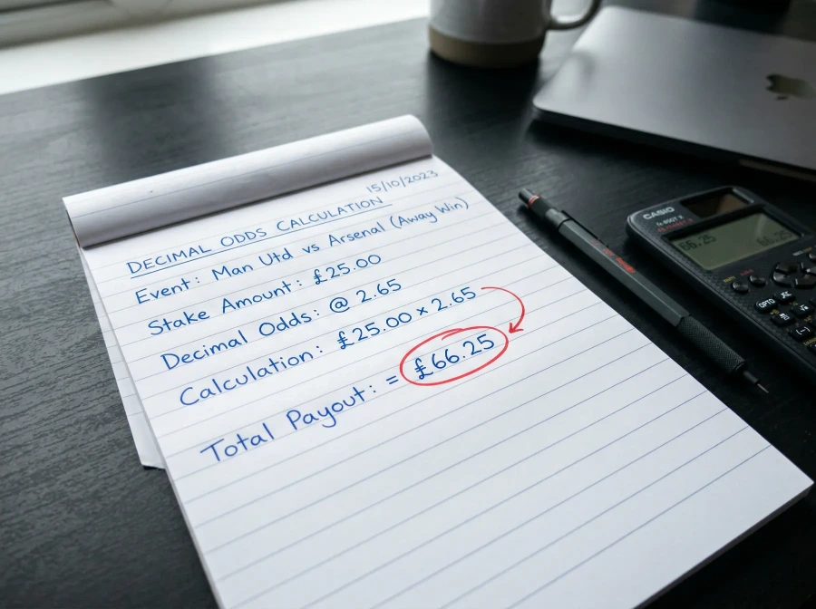 Step-by-step decimal odds calculation showing a C$25 stake at 3.40 odds returning C$85 total payout