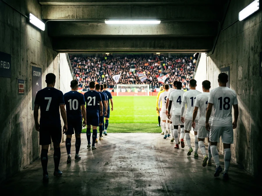Soccer players walking out of the tunnel onto a brightly lit World Cup pitch before kickoff