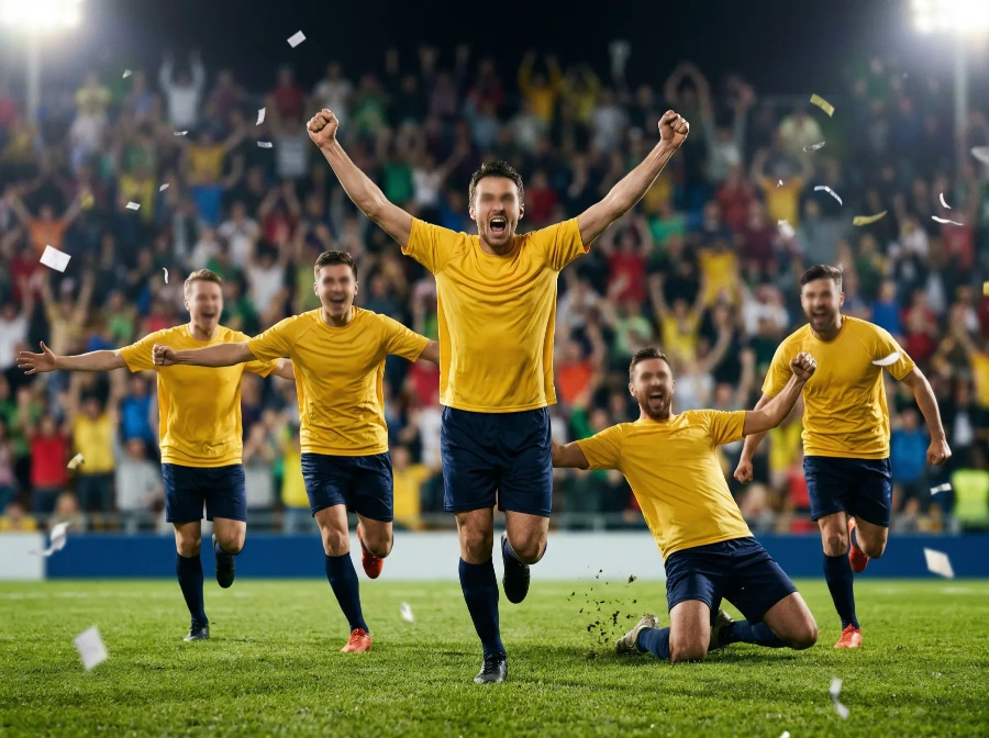 Soccer players in a huddle celebrating a goal during a World Cup group stage match