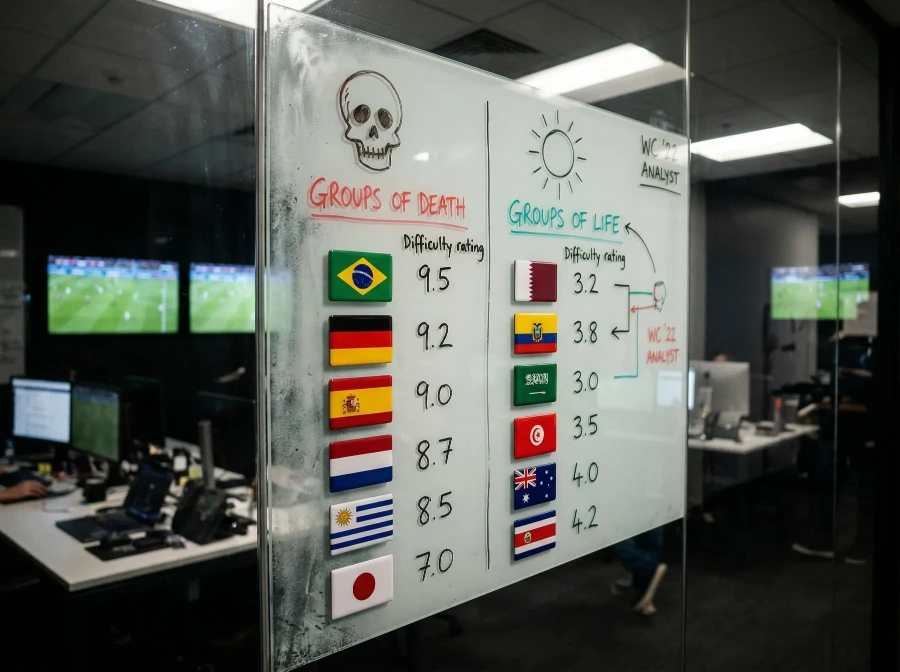 Comparison chart ranking 2026 World Cup groups by difficulty based on combined FIFA rankings and betting odds