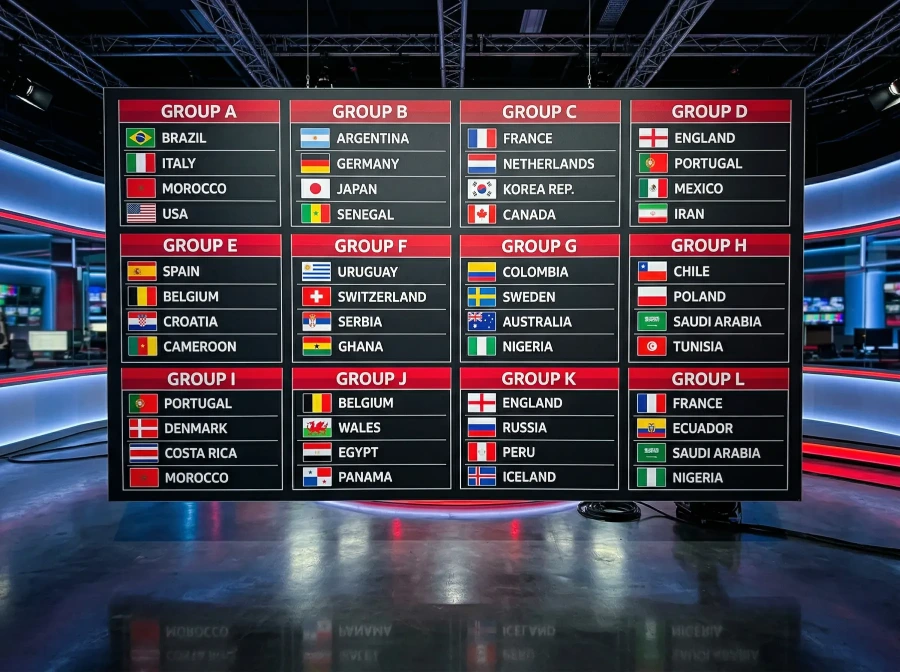 Complete 2026 FIFA World Cup group stage draw showing all 12 groups of four teams