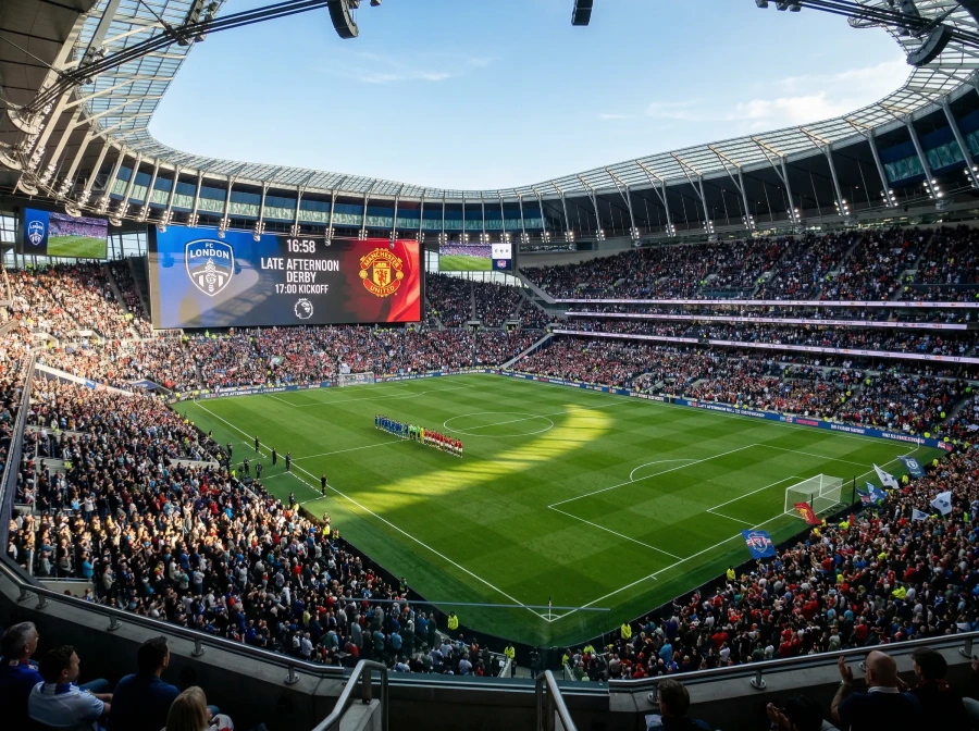 Panoramic view of a packed World Cup stadium with a freshly marked soccer pitch under evening floodlights