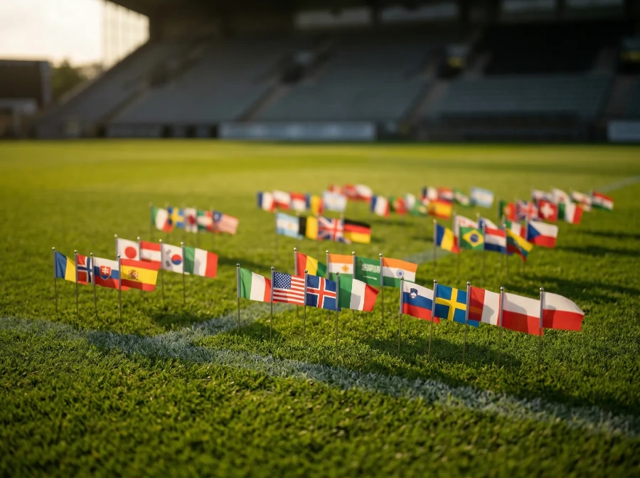 Flags of all 48 nations competing at the 2026 FIFA World Cup arranged by group