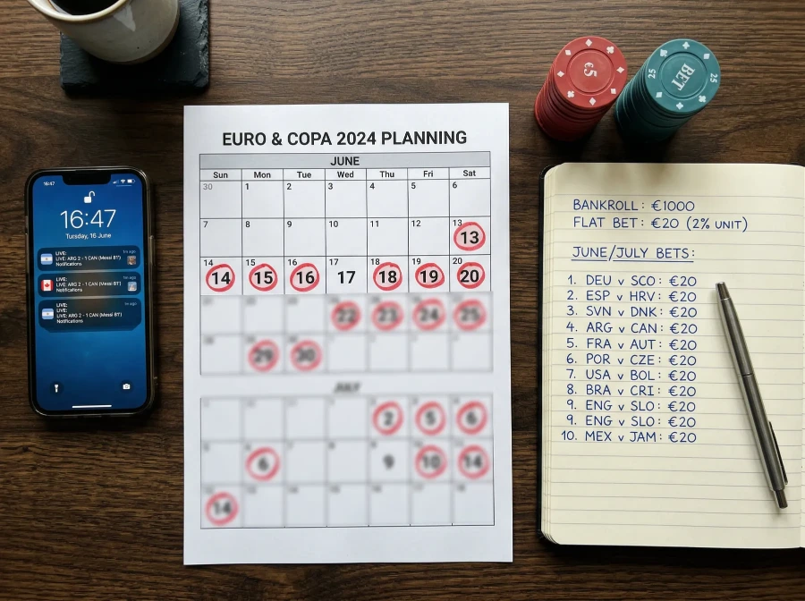 Flat betting bankroll allocation chart showing unit sizing across 39 days of World Cup 2026 matches
