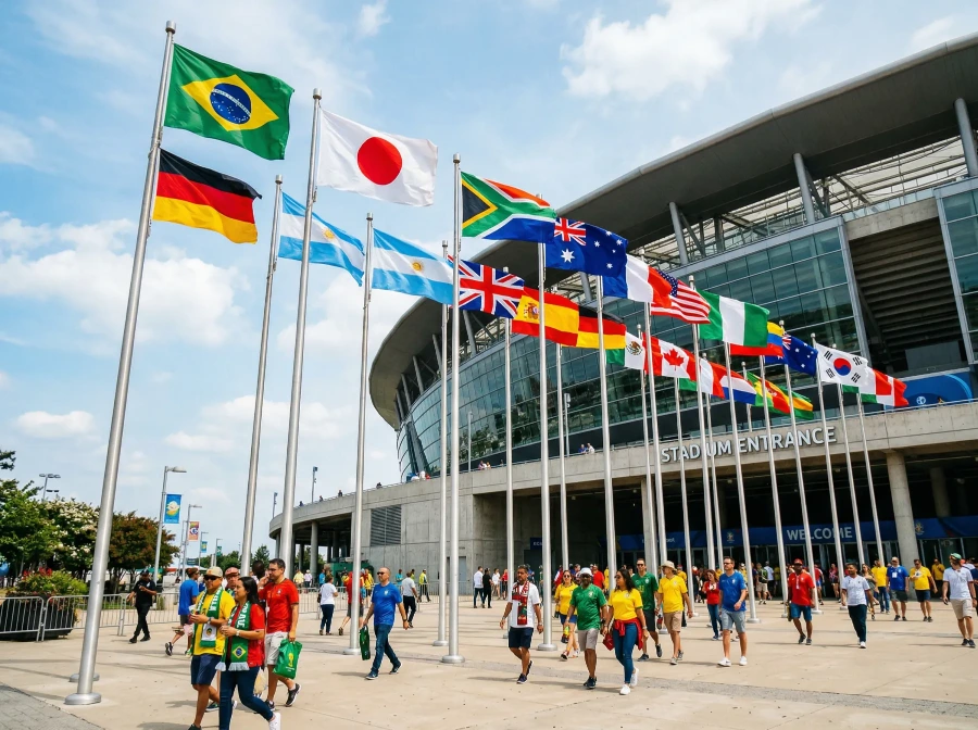 National team flags of World Cup 2026 participants displayed along the sideline of a soccer stadium