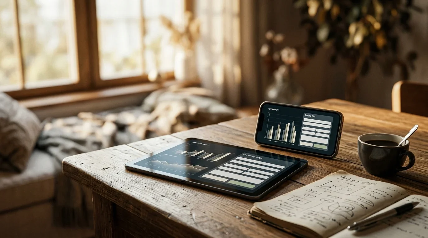 An editorial close-up of a betting-desk scene on a rest day — a phone and tablet showing abstract non-readable odds charts, a coffee cup and a notebook in warm window light