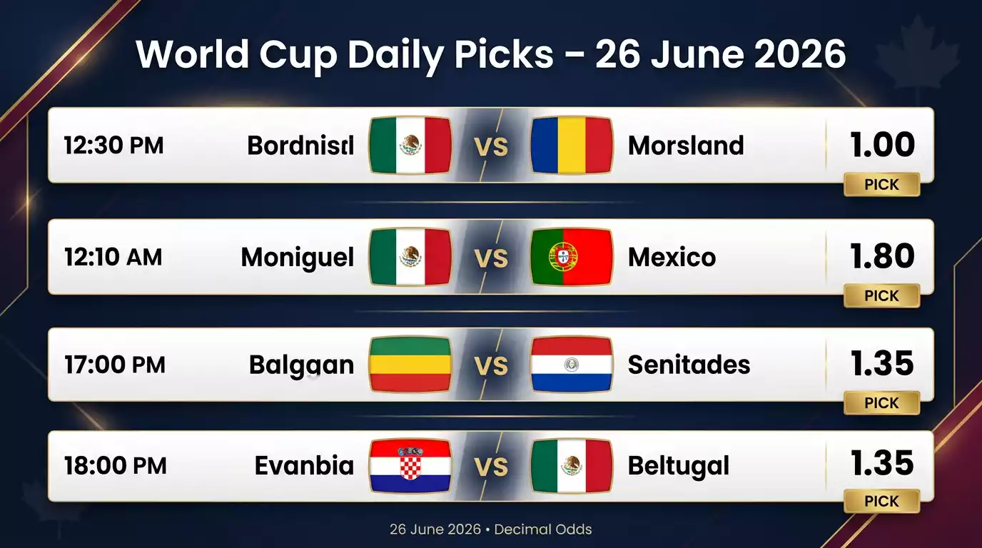 A picks-and-odds board for the 26 June 2026 World Cup matchday