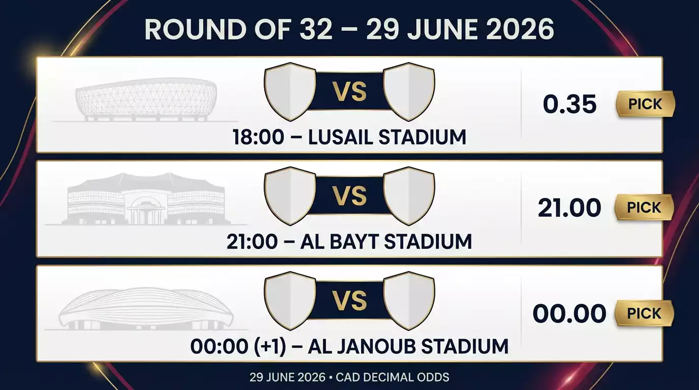 A graphic listing Monday's three Round of 32 fixtures with stadium names and decimal odds in CAD