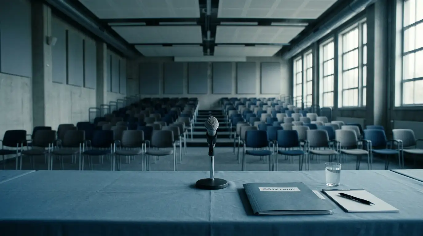 An editorial wide shot of an empty stadium press-conference room with a single microphone on a table, late-morning light filtering through tall windows, the sense of a formal complaint just filed