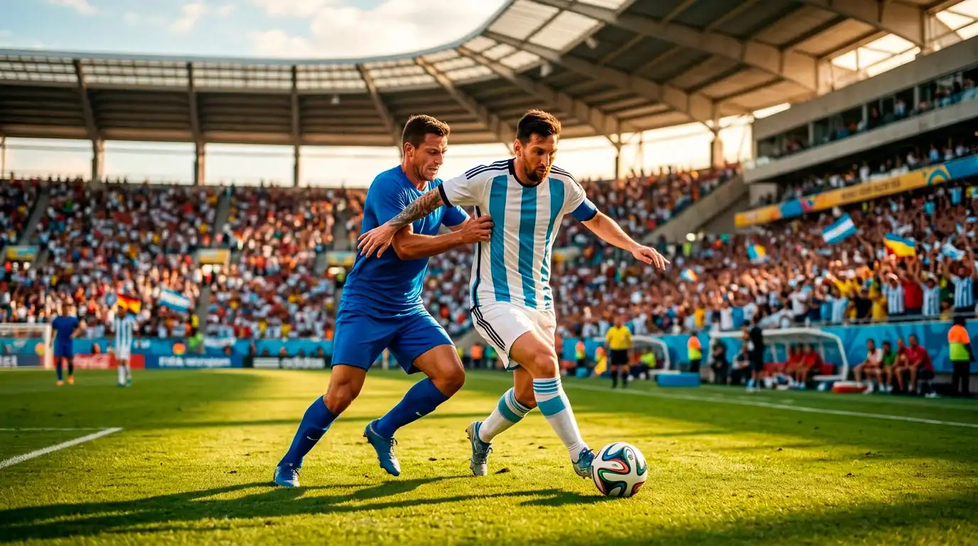 An editorial illustration of an Argentine playmaker in light blue and white shielding the ball from a Cape Verde defender under the Miami sun