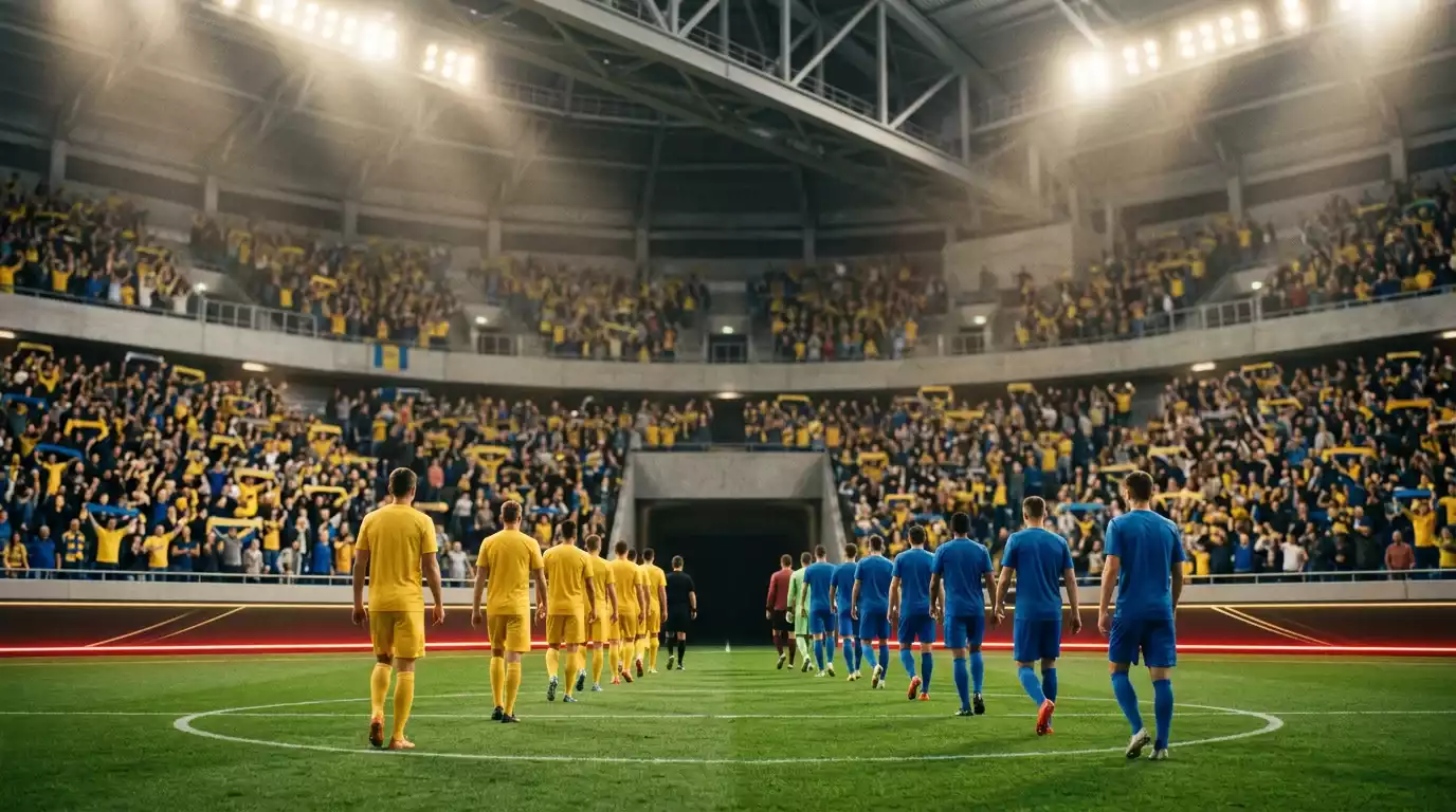 A wide editorial illustration of Brazilian and Japanese players walking out at NRG Stadium