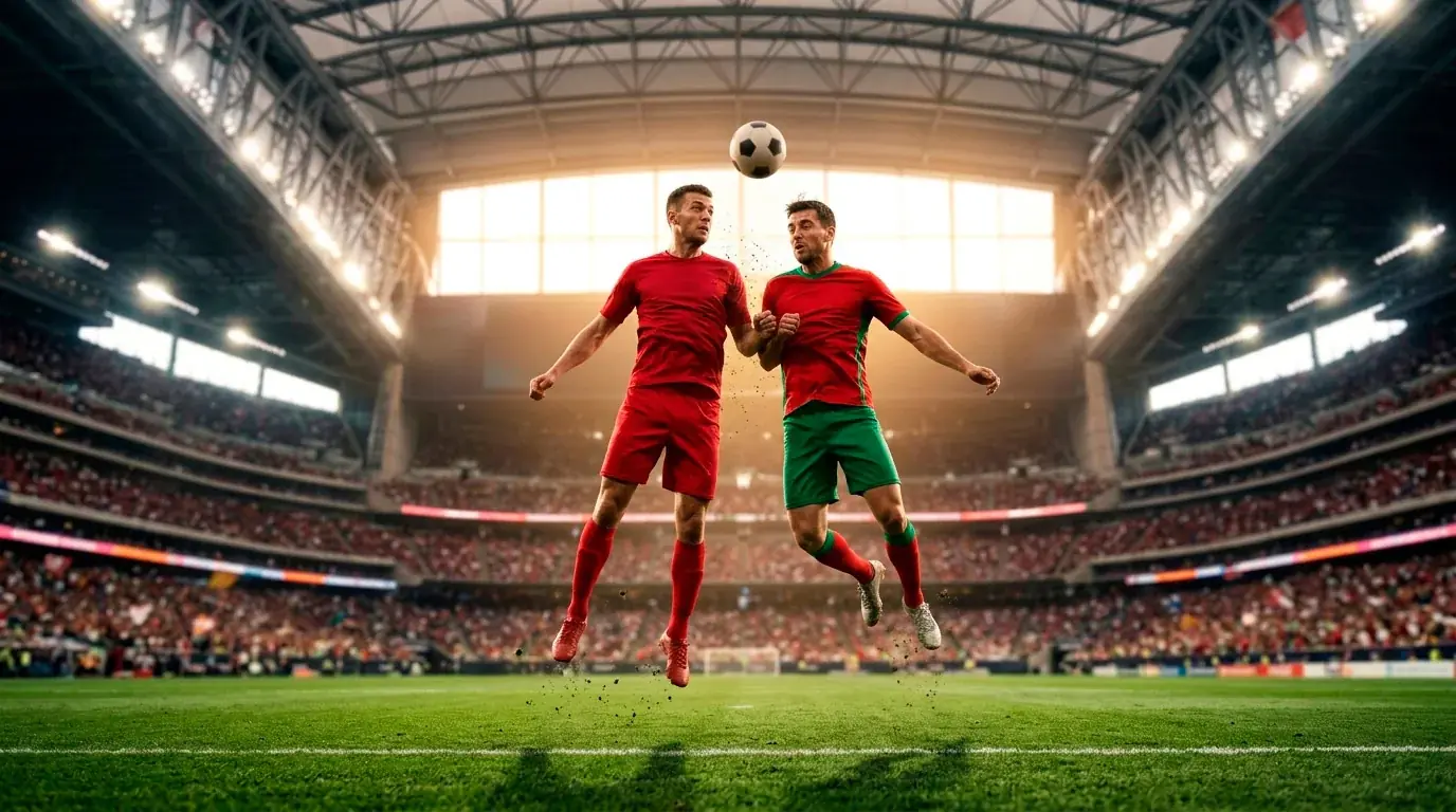 An editorial illustration of a Canadian player in red and a Moroccan player in red-and-green contesting a header under stadium lights in Houston