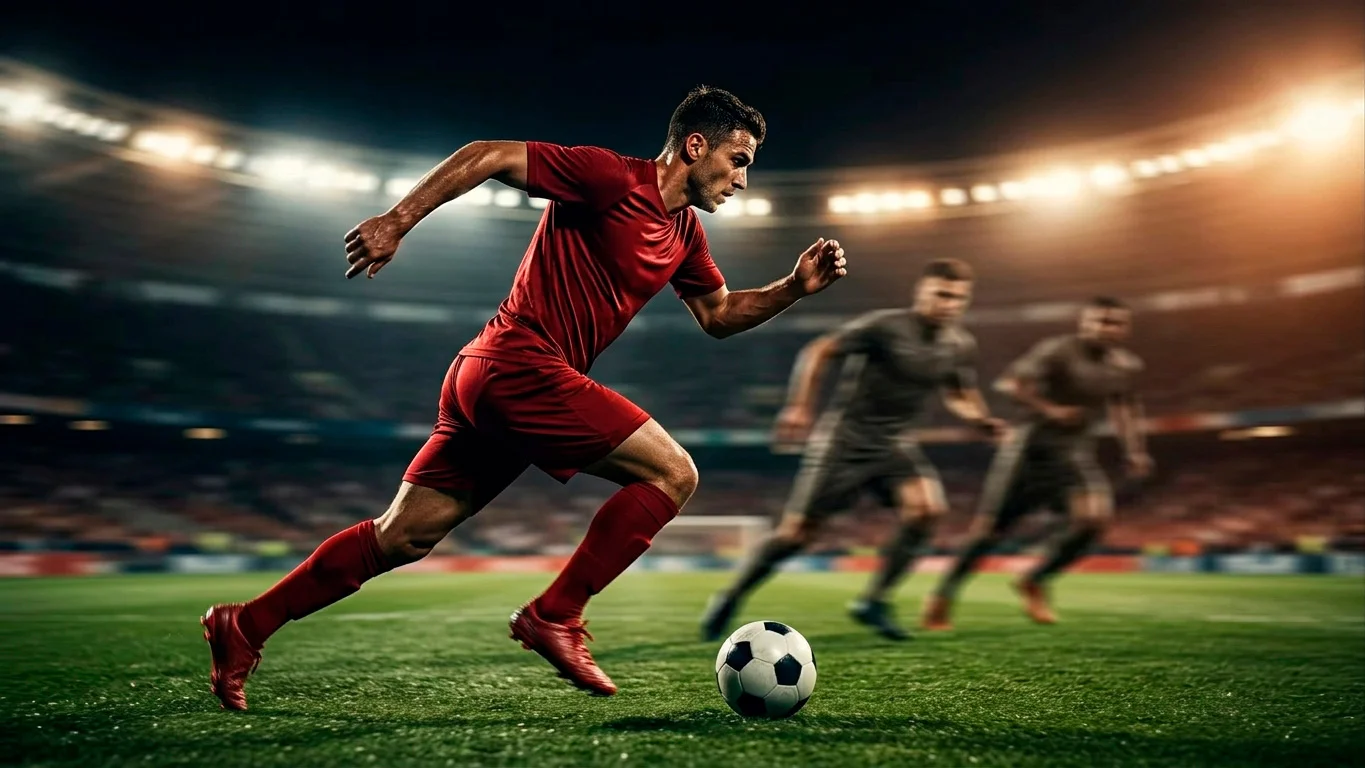 An editorial illustration of a Canadian winger in red sprinting down the flank with the ball at a floodlit stadium