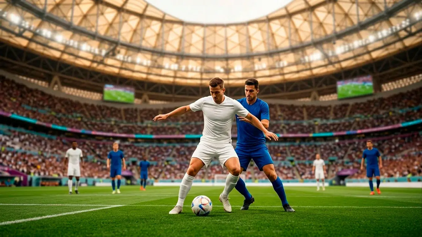 An editorial illustration of an England striker in white and a DR Congo defender in blue competing for the ball under a stadium roof in Atlanta
