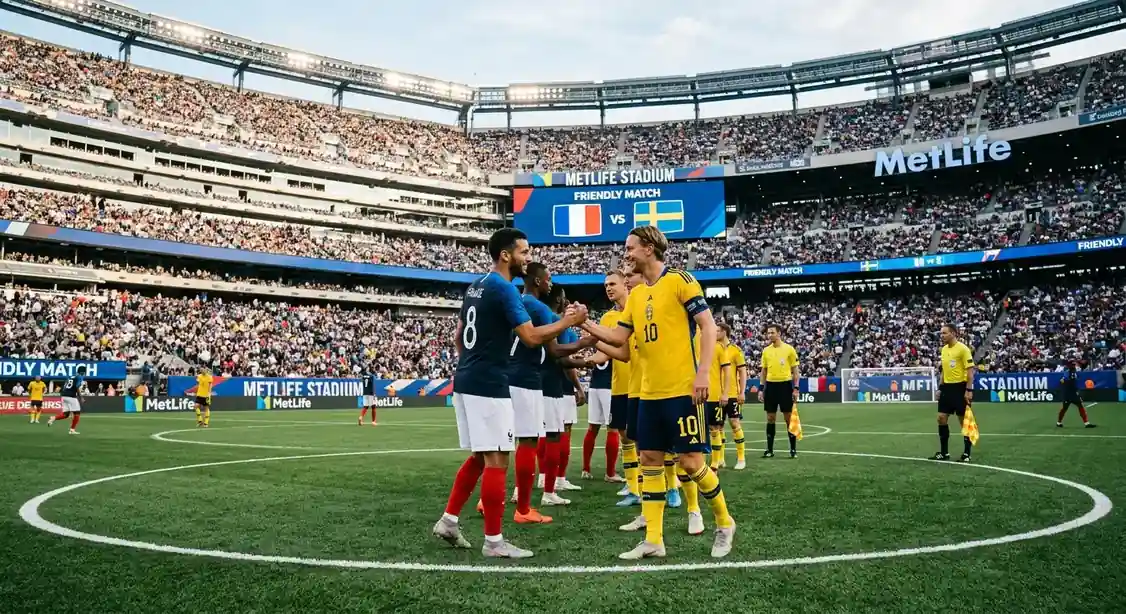 Generic French and Swedish footballers shaking hands at MetLife Stadium under floodlights