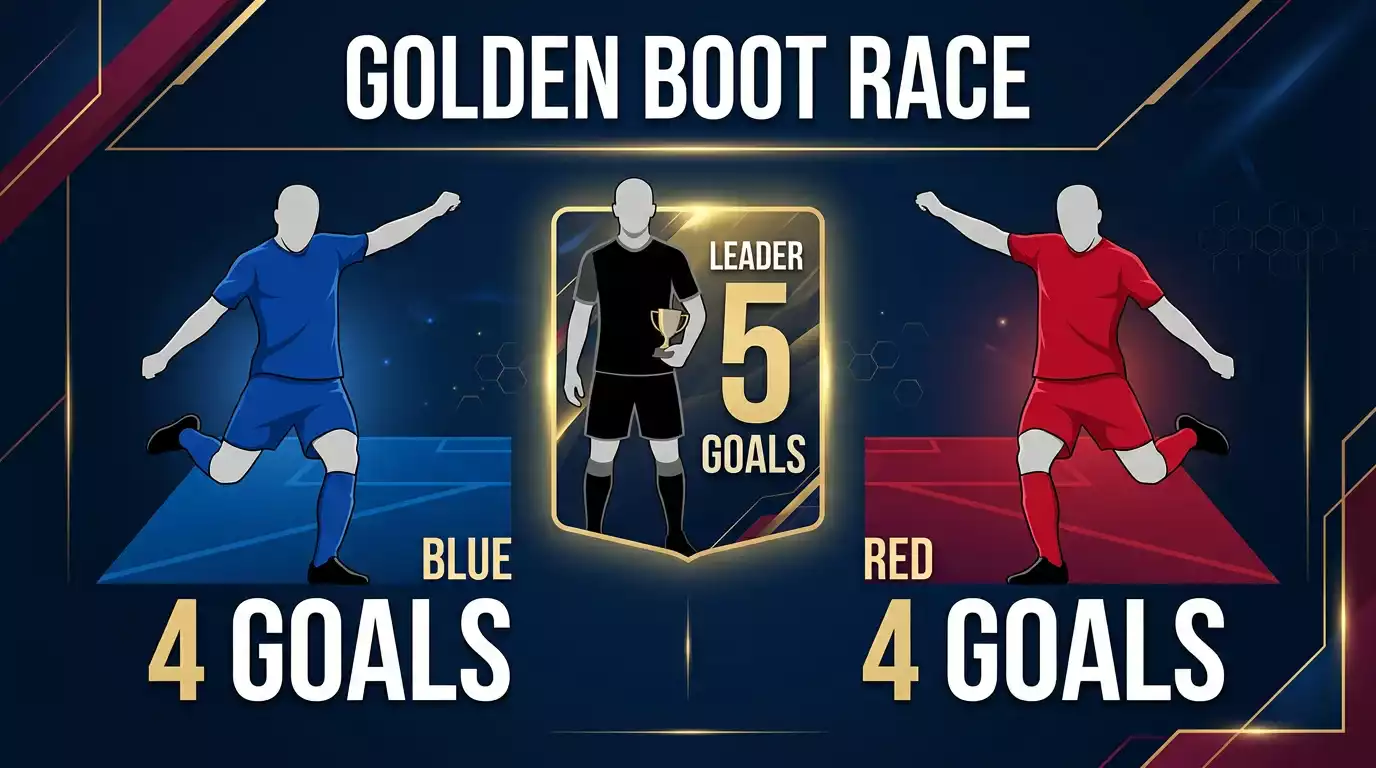 A split graphic comparing the Golden Boot contenders Mbappé and Haaland on four goals each