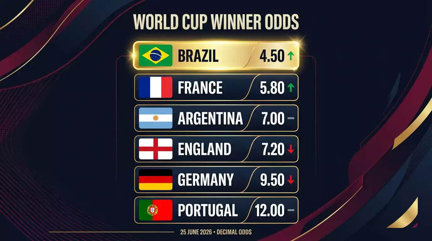 Outright winner odds board after the 25 June Matchday 3 results