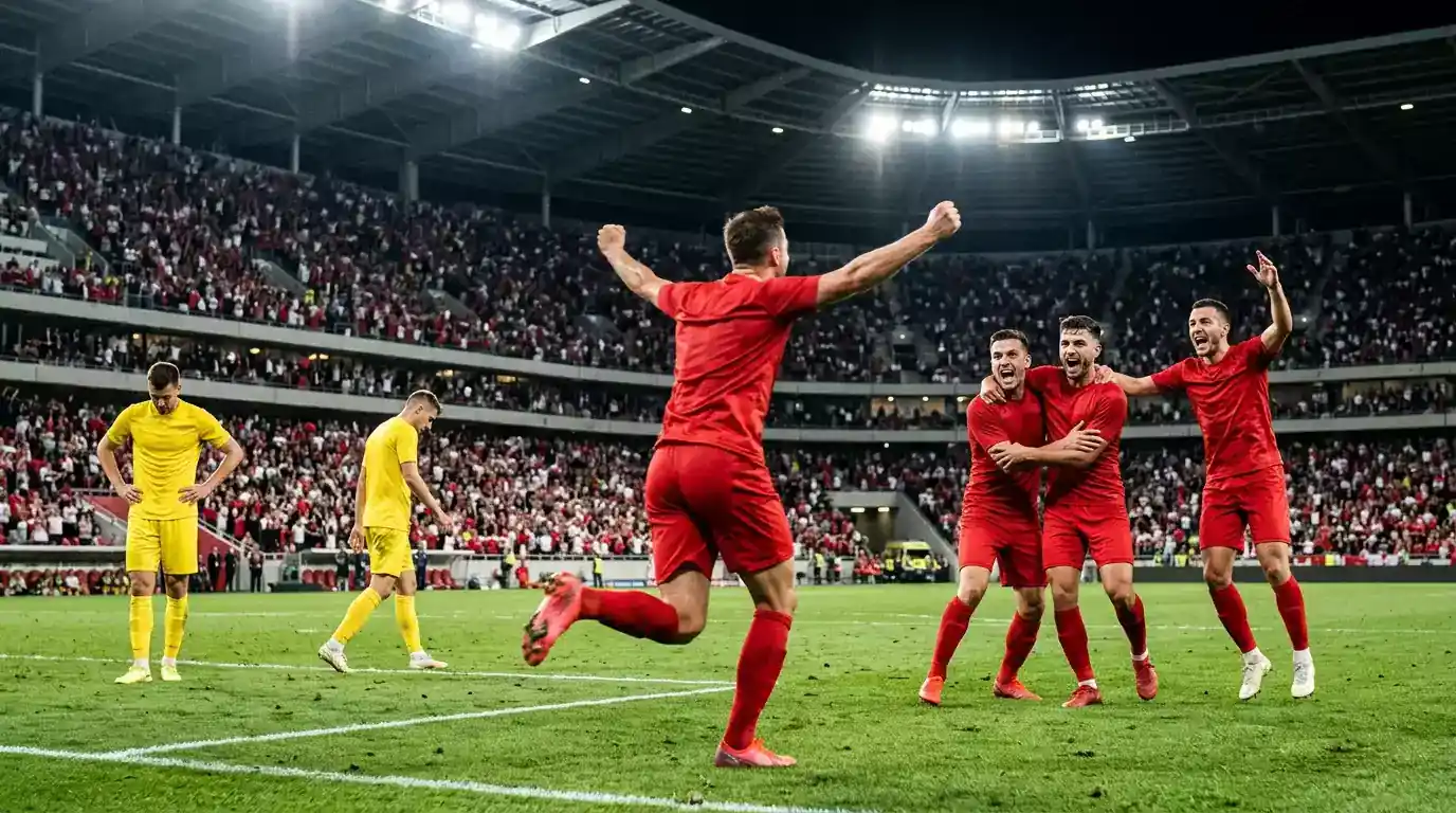 Canada players celebrate Stephen Eustáquio's stoppage-time winner against South Africa at SoFi Stadium