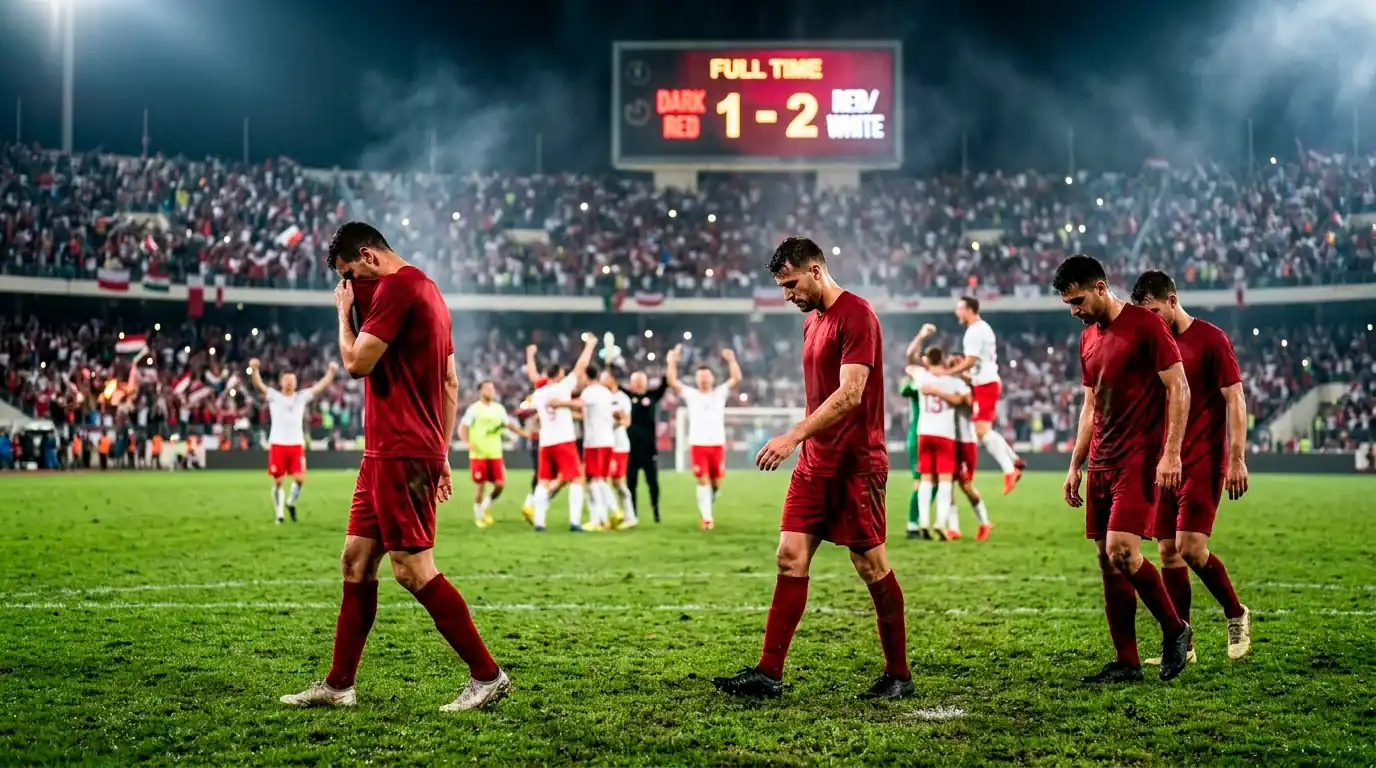 An editorial illustration of dejected German and Dutch players leaving the pitch as Paraguay and Morocco celebrate