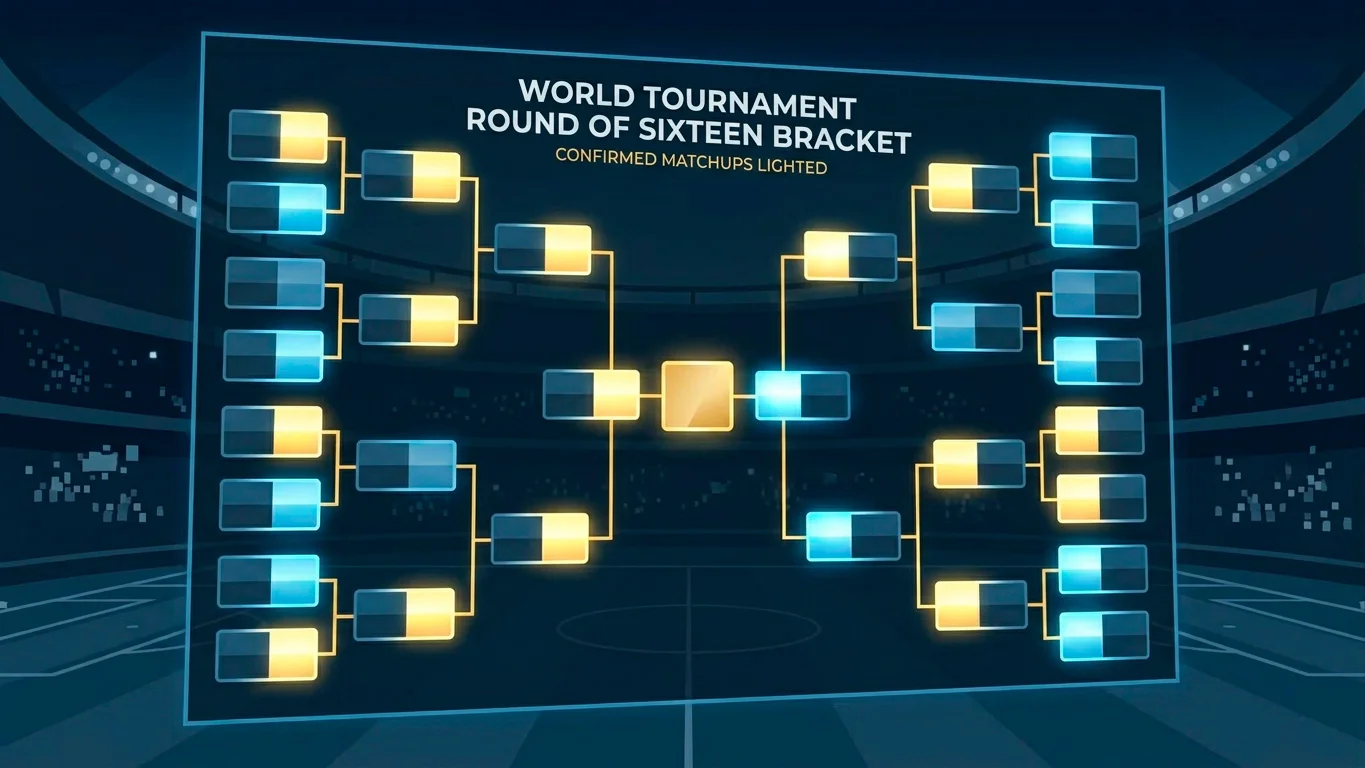 An editorial illustration of a World Cup knockout bracket board glowing under stadium lights