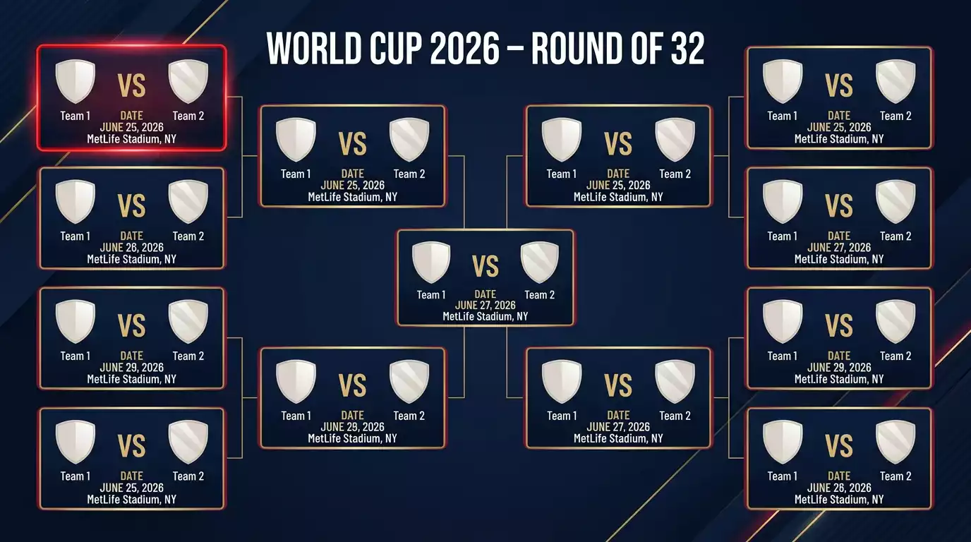 A stylised bracket graphic of all 16 World Cup 2026 Round of 32 ties